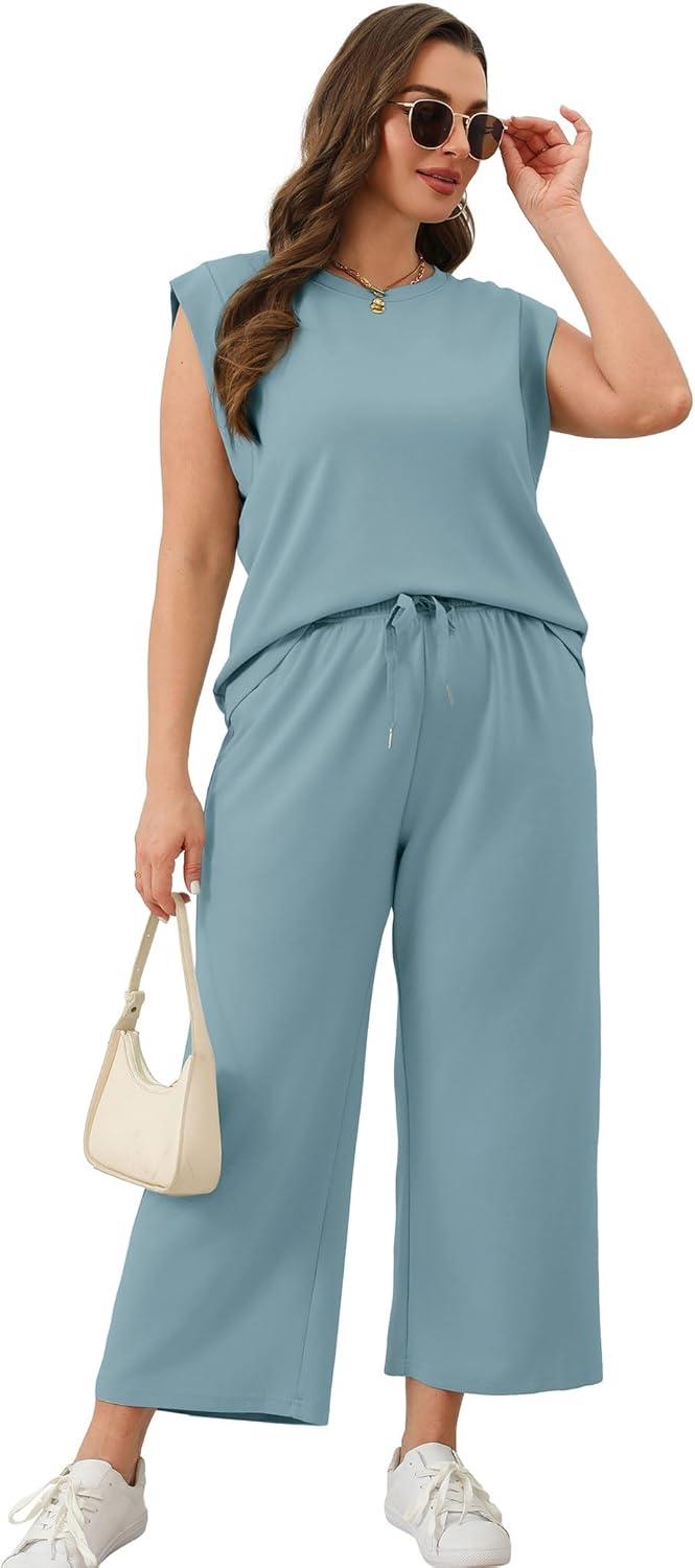 imageSAMPEEL Two Piece Sets for Women Casual Travel Vacation Outfits Summer Wide Leg Crop Pants Lounge SetsLake Blue