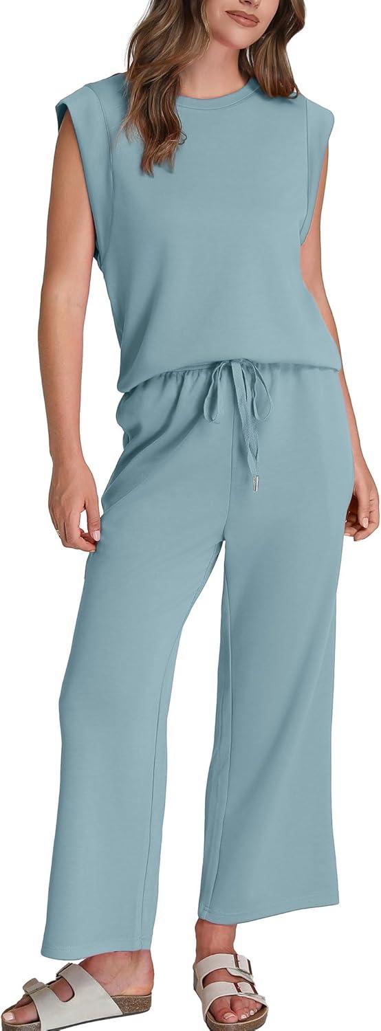 imageSAMPEEL Two Piece Sets for Women Casual Travel Vacation Outfits Summer Wide Leg Crop Pants Lounge SetsLake Blue