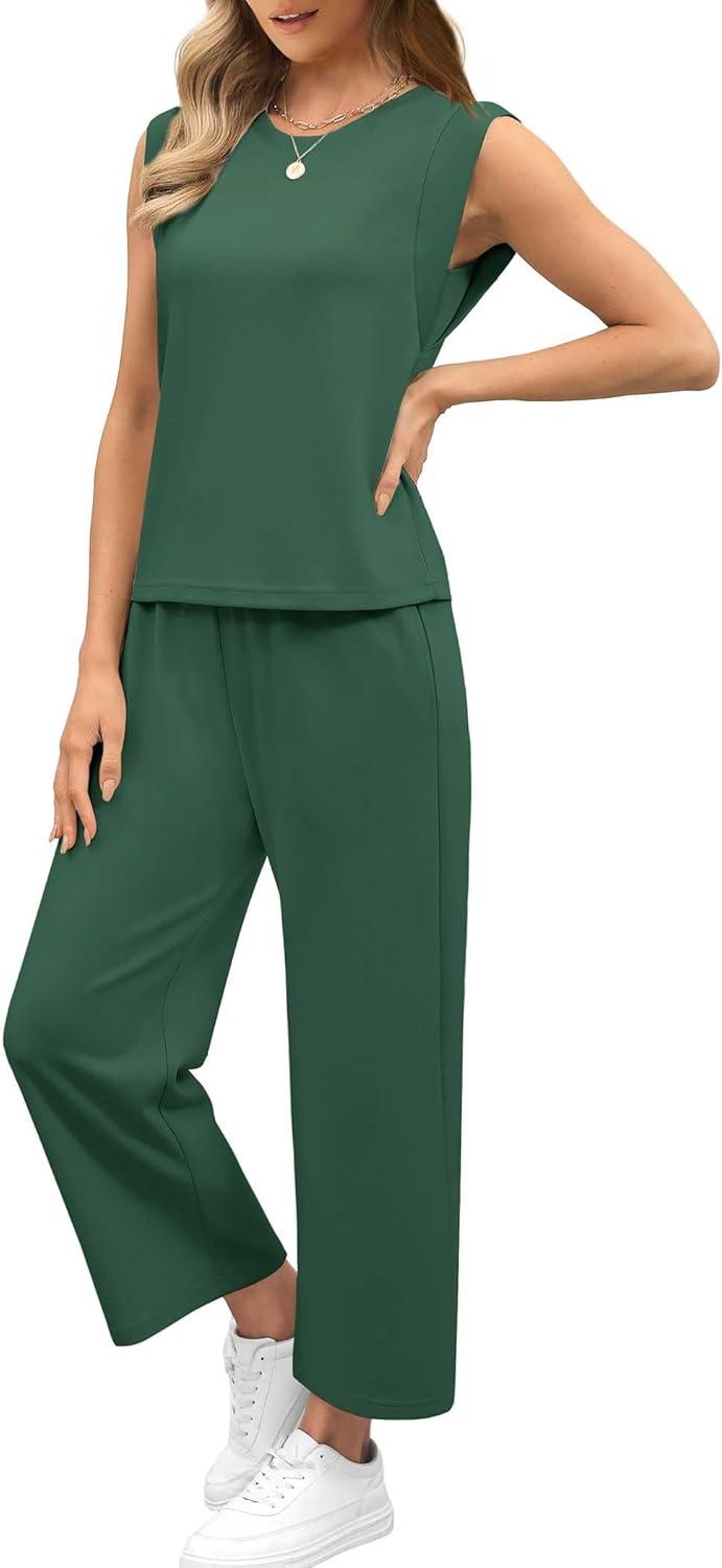 imageSAMPEEL Two Piece Sets for Women Casual Travel Vacation Outfits Summer Wide Leg Crop Pants Lounge SetsPeacock Green