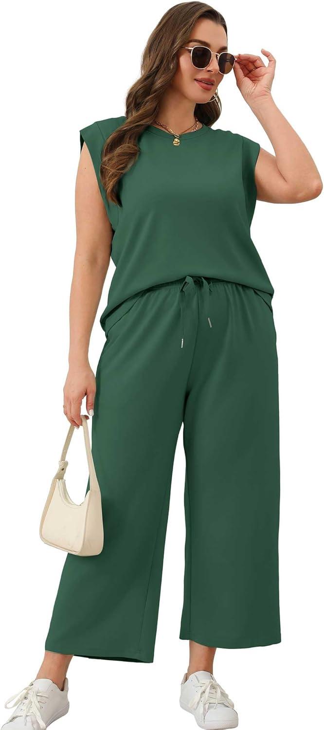 imageSAMPEEL Two Piece Sets for Women Casual Travel Vacation Outfits Summer Wide Leg Crop Pants Lounge SetsPeacock Green
