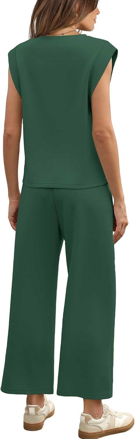 imageSAMPEEL Two Piece Sets for Women Casual Travel Vacation Outfits Summer Wide Leg Crop Pants Lounge SetsPeacock Green