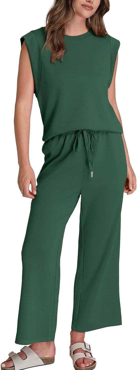 imageSAMPEEL Two Piece Sets for Women Casual Travel Vacation Outfits Summer Wide Leg Crop Pants Lounge SetsPeacock Green