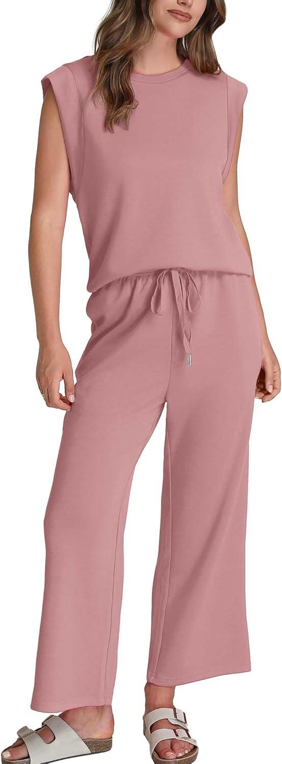 imageSAMPEEL Two Piece Sets for Women Casual Travel Vacation Outfits Summer Wide Leg Crop Pants Lounge SetsPink