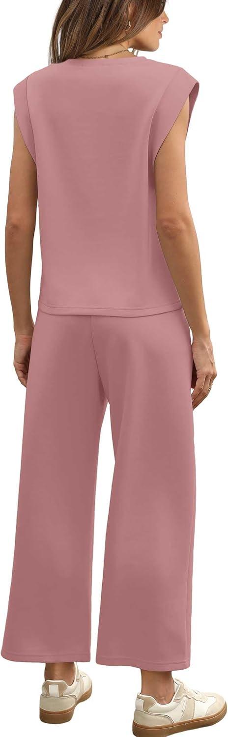 imageSAMPEEL Two Piece Sets for Women Casual Travel Vacation Outfits Summer Wide Leg Crop Pants Lounge SetsPink