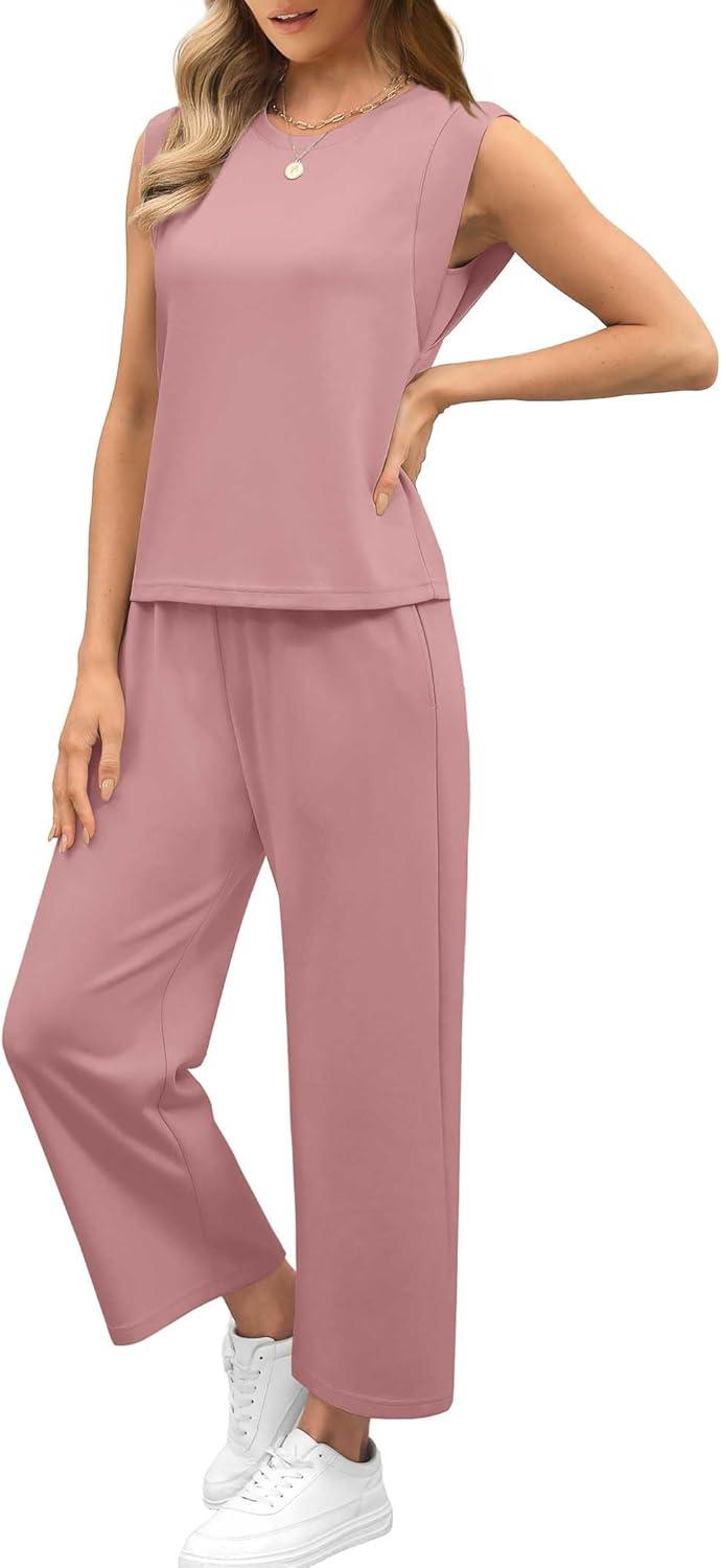 imageSAMPEEL Two Piece Sets for Women Casual Travel Vacation Outfits Summer Wide Leg Crop Pants Lounge SetsPink