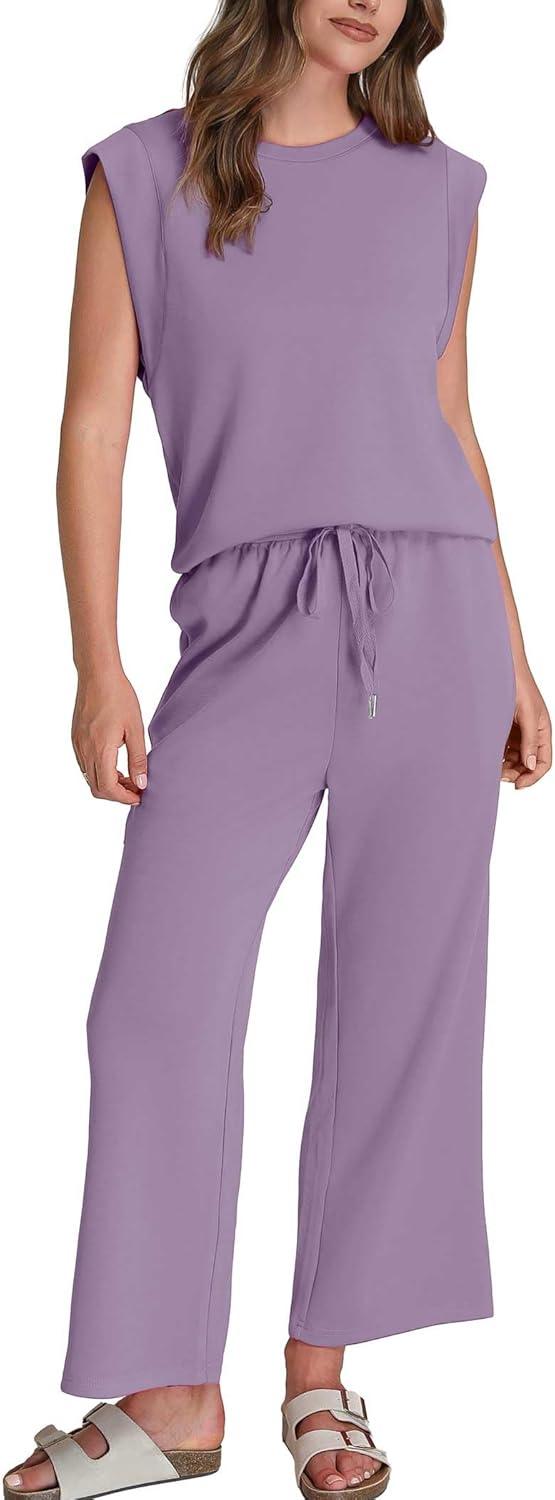 imageSAMPEEL Two Piece Sets for Women Casual Travel Vacation Outfits Summer Wide Leg Crop Pants Lounge SetsPurple