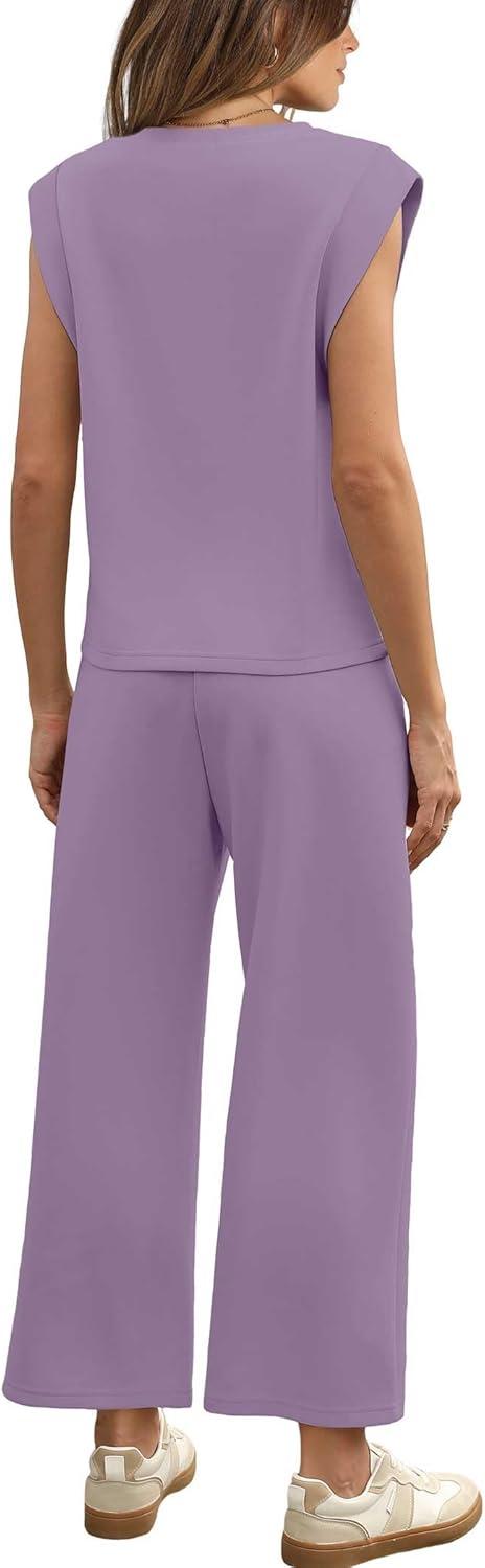 imageSAMPEEL Two Piece Sets for Women Casual Travel Vacation Outfits Summer Wide Leg Crop Pants Lounge SetsPurple