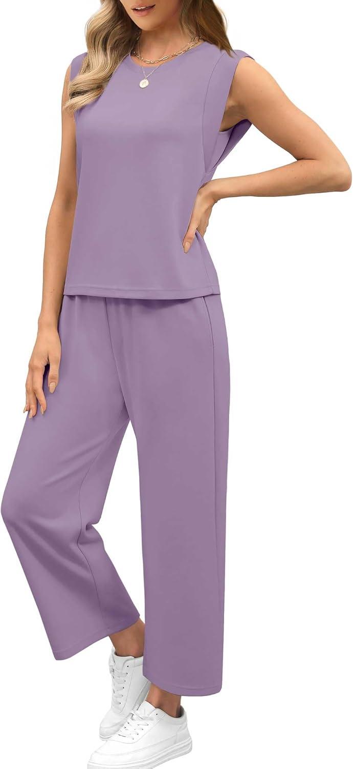 imageSAMPEEL Two Piece Sets for Women Casual Travel Vacation Outfits Summer Wide Leg Crop Pants Lounge SetsPurple