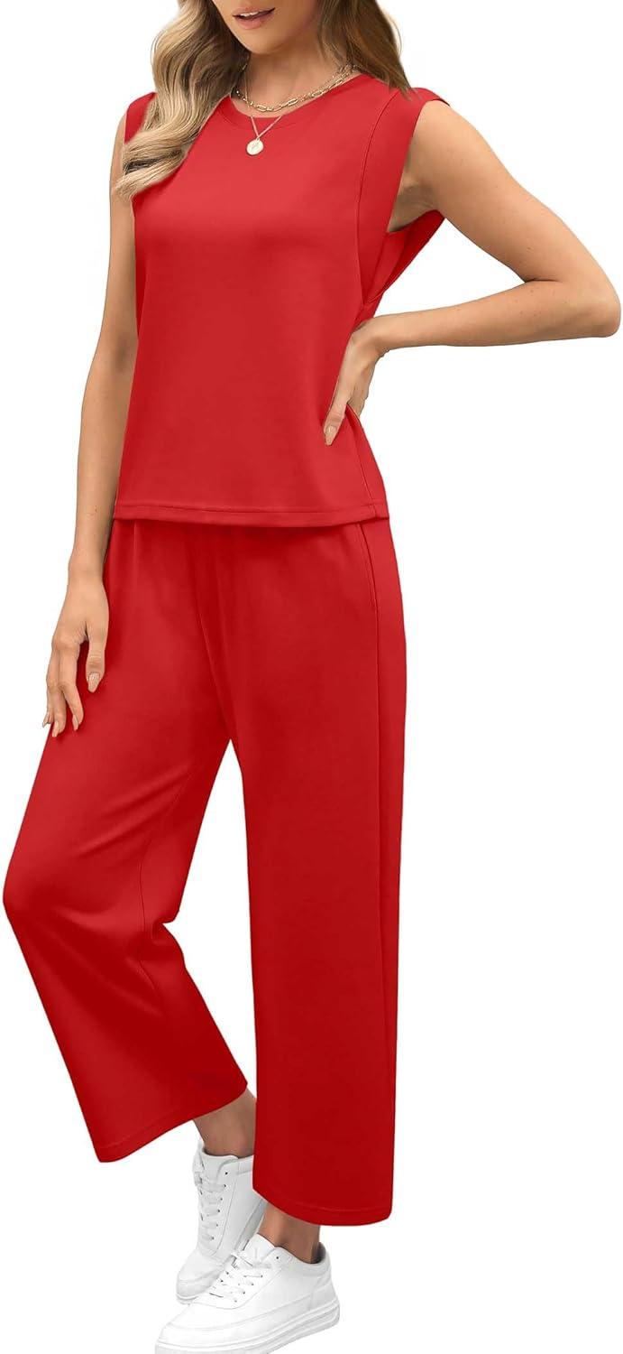 imageSAMPEEL Two Piece Sets for Women Casual Travel Vacation Outfits Summer Wide Leg Crop Pants Lounge SetsRed
