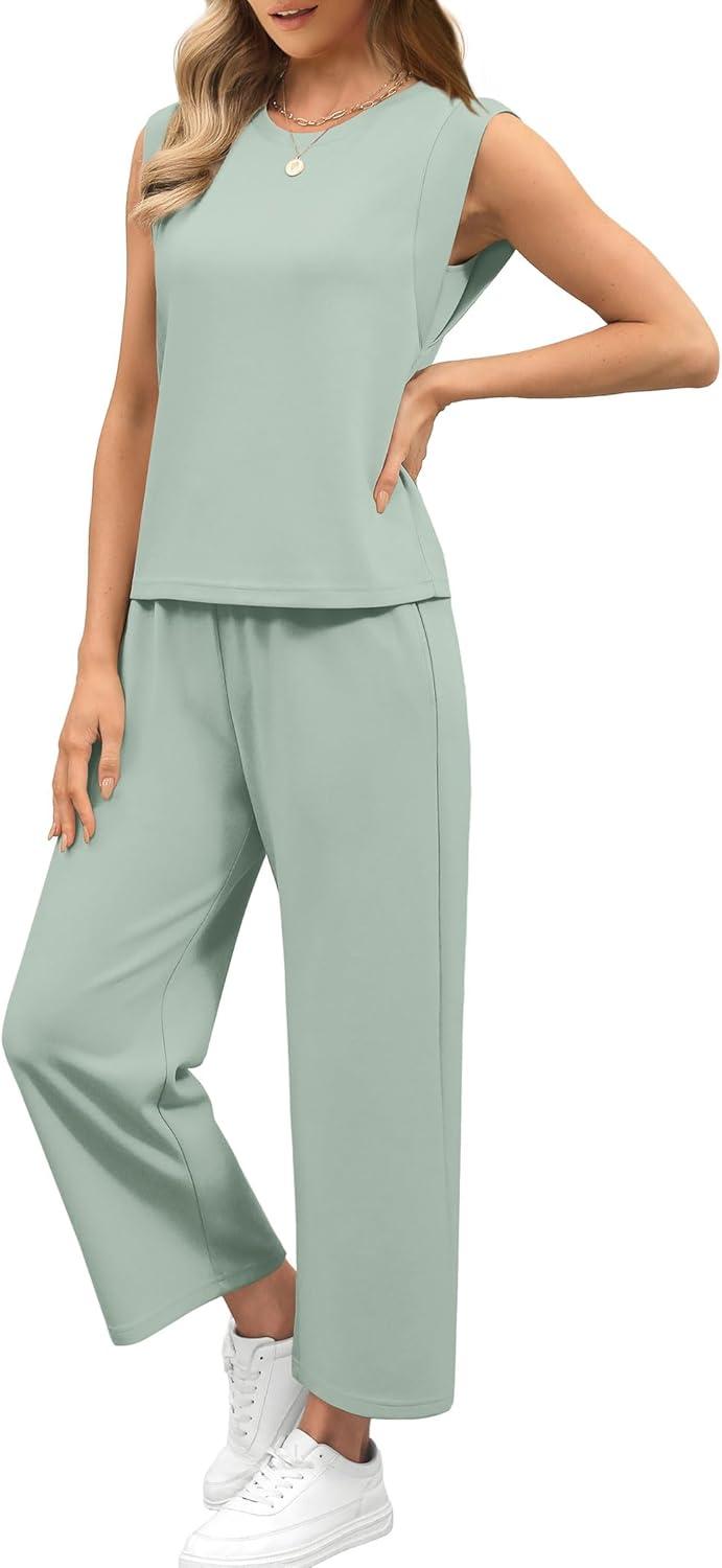 imageSAMPEEL Two Piece Sets for Women Casual Travel Vacation Outfits Summer Wide Leg Crop Pants Lounge SetsSage Green