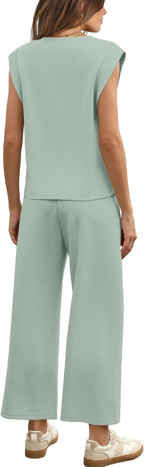 imageSAMPEEL Two Piece Sets for Women Casual Travel Vacation Outfits Summer Wide Leg Crop Pants Lounge SetsSage Green