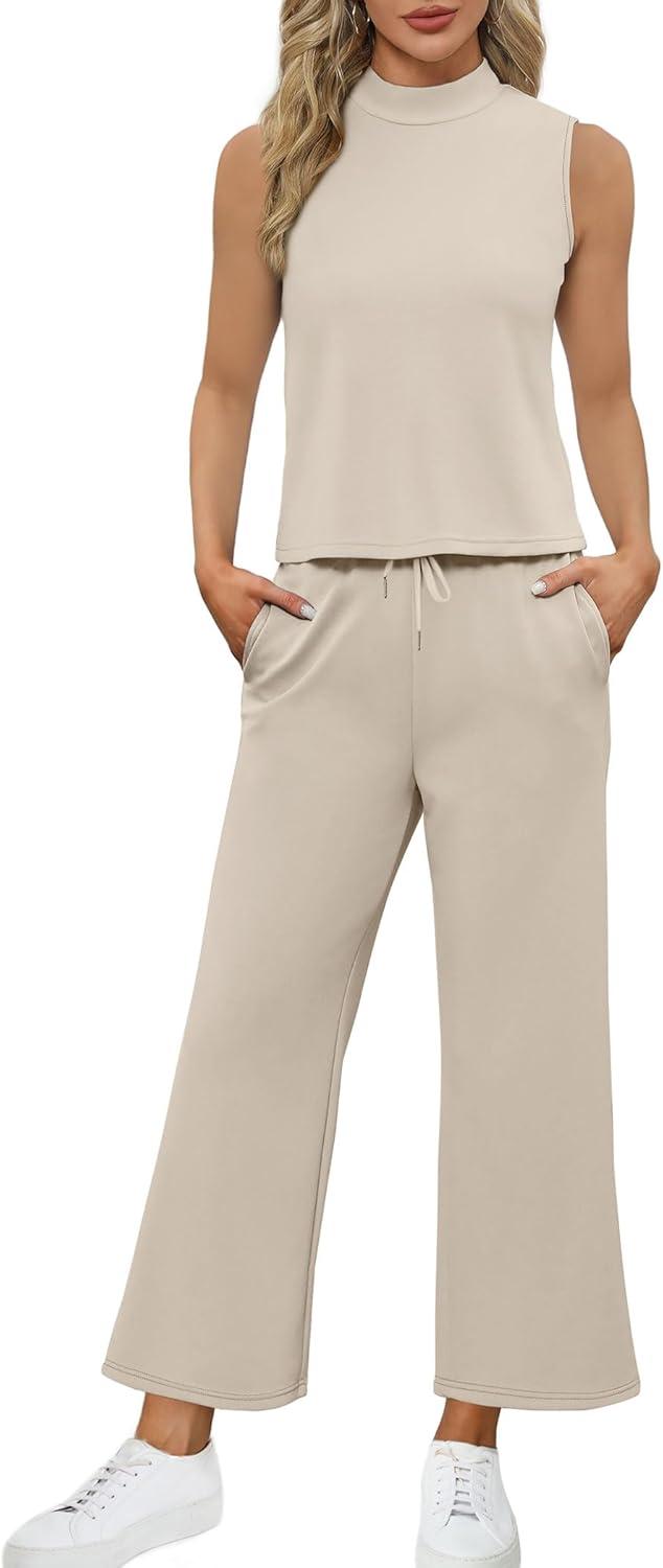 imageSAMPEEL Two Piece Sets for Women Summer Outfits Lounge Sets Mock Neck Tops Wide Leg Crop Pants Vacation Travel OutfitsBeige