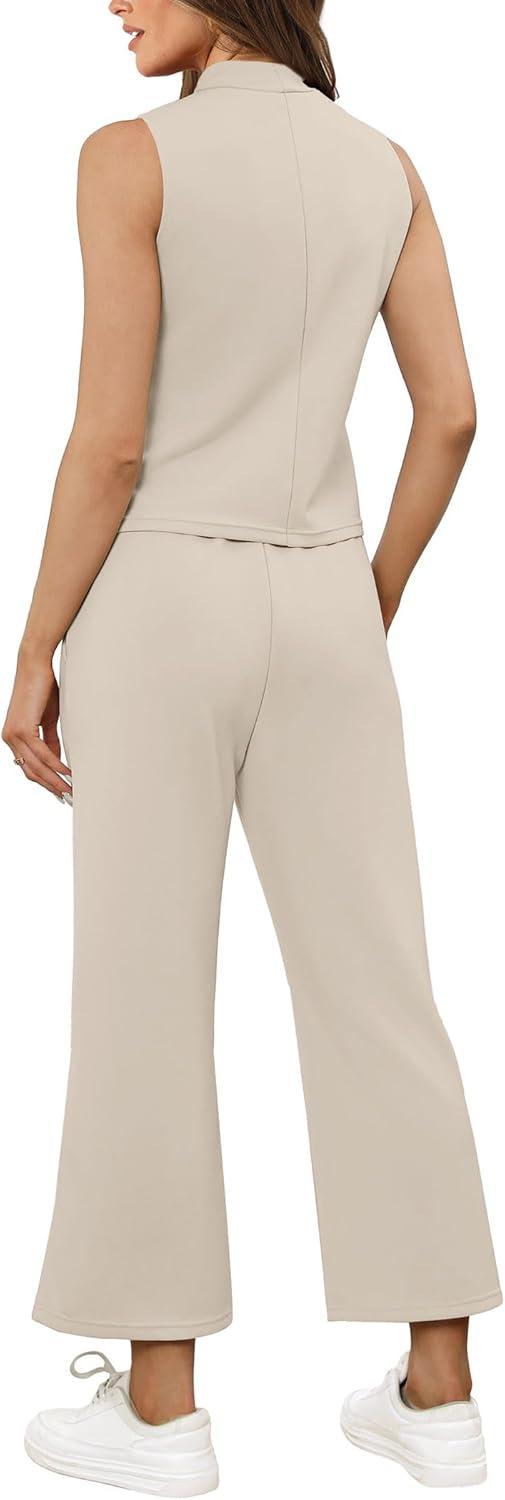 imageSAMPEEL Two Piece Sets for Women Summer Outfits Lounge Sets Mock Neck Tops Wide Leg Crop Pants Vacation Travel OutfitsBeige