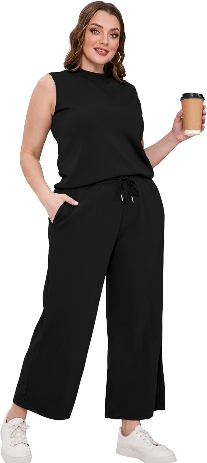 imageSAMPEEL Two Piece Sets for Women Summer Outfits Lounge Sets Mock Neck Tops Wide Leg Crop Pants Vacation Travel OutfitsBlack