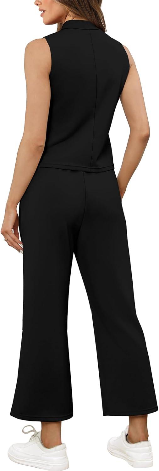 imageSAMPEEL Two Piece Sets for Women Summer Outfits Lounge Sets Mock Neck Tops Wide Leg Crop Pants Vacation Travel OutfitsBlack