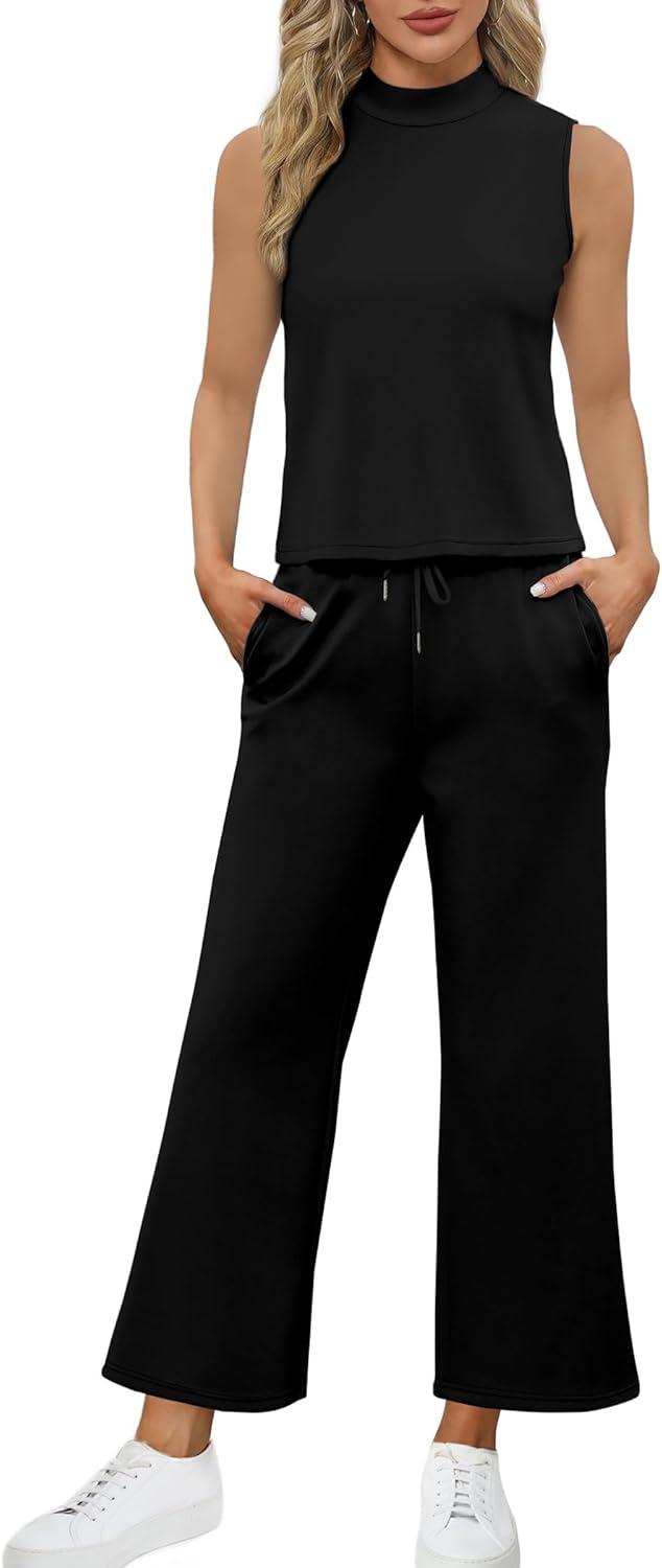 imageSAMPEEL Two Piece Sets for Women Summer Outfits Lounge Sets Mock Neck Tops Wide Leg Crop Pants Vacation Travel OutfitsBlack