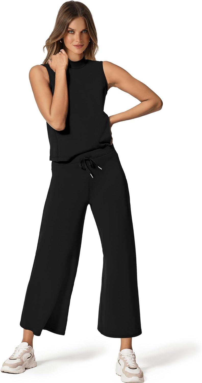 imageSAMPEEL Two Piece Sets for Women Summer Outfits Lounge Sets Mock Neck Tops Wide Leg Crop Pants Vacation Travel OutfitsBlack