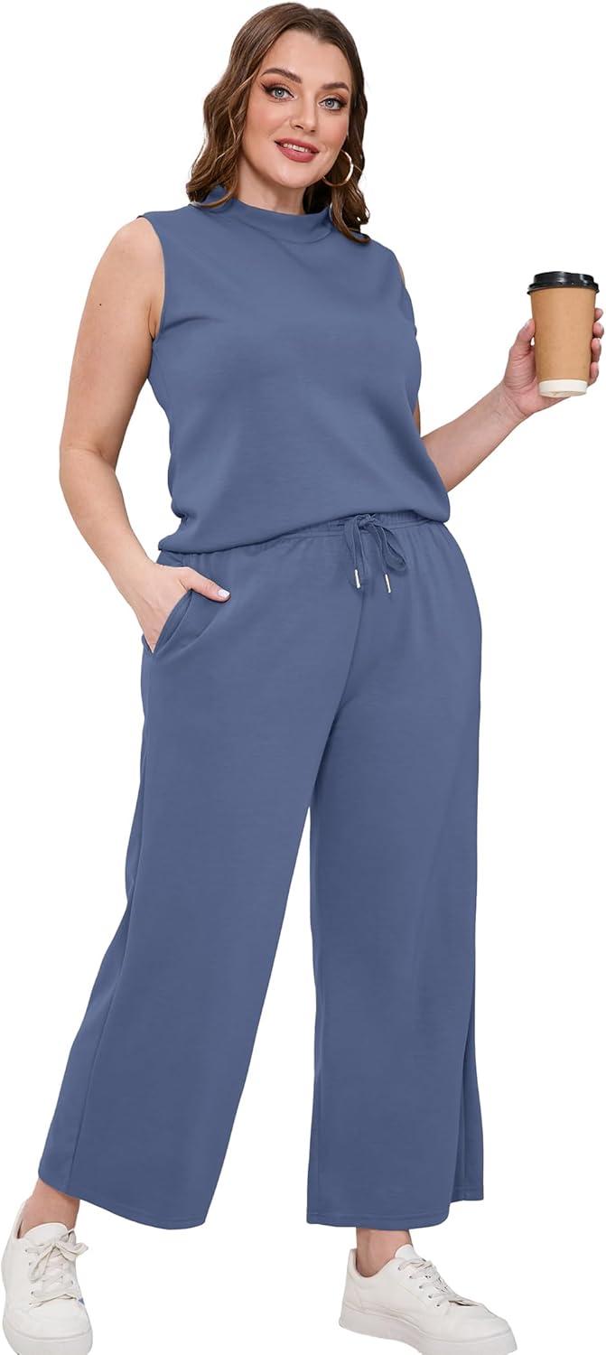 imageSAMPEEL Two Piece Sets for Women Summer Outfits Lounge Sets Mock Neck Tops Wide Leg Crop Pants Vacation Travel OutfitsBlue