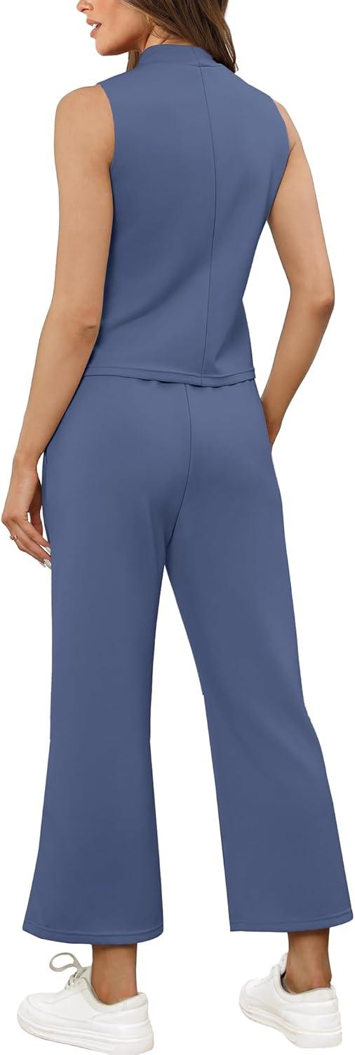 imageSAMPEEL Two Piece Sets for Women Summer Outfits Lounge Sets Mock Neck Tops Wide Leg Crop Pants Vacation Travel OutfitsBlue