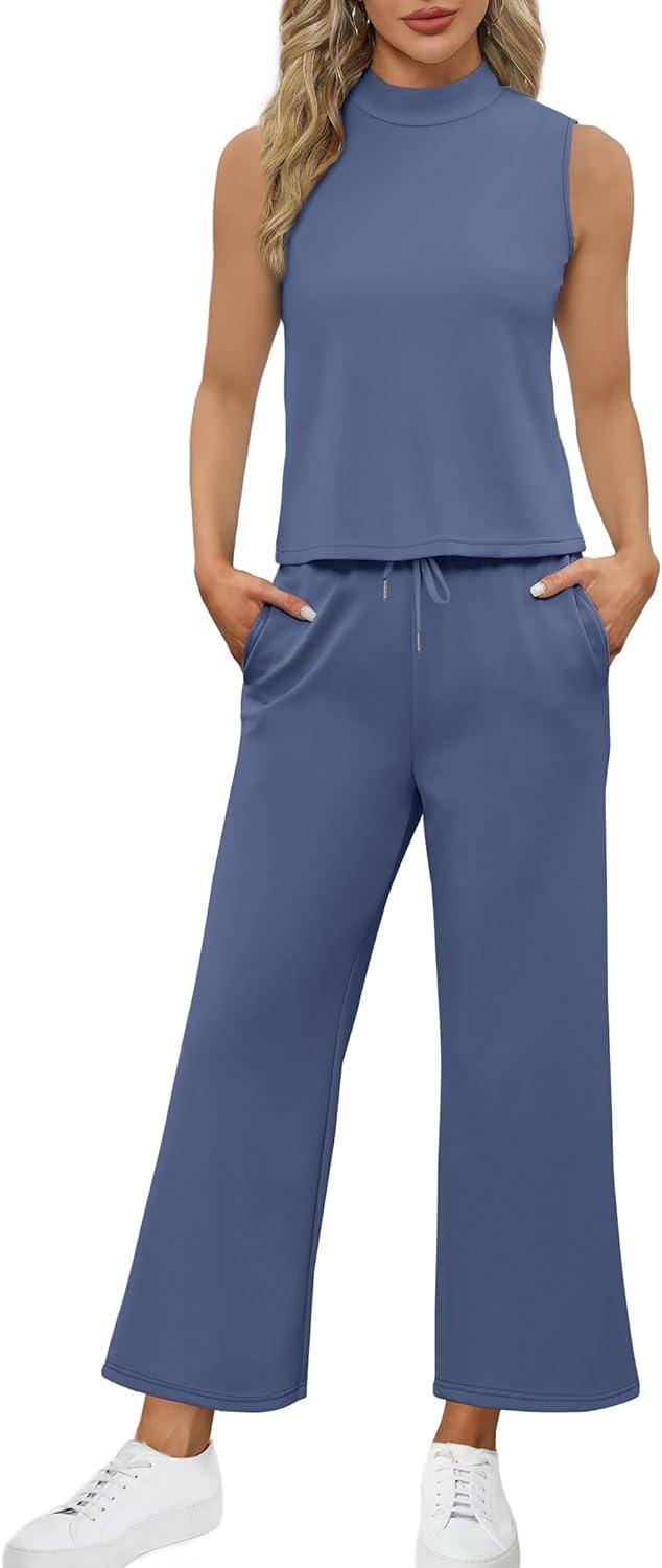 imageSAMPEEL Two Piece Sets for Women Summer Outfits Lounge Sets Mock Neck Tops Wide Leg Crop Pants Vacation Travel OutfitsBlue