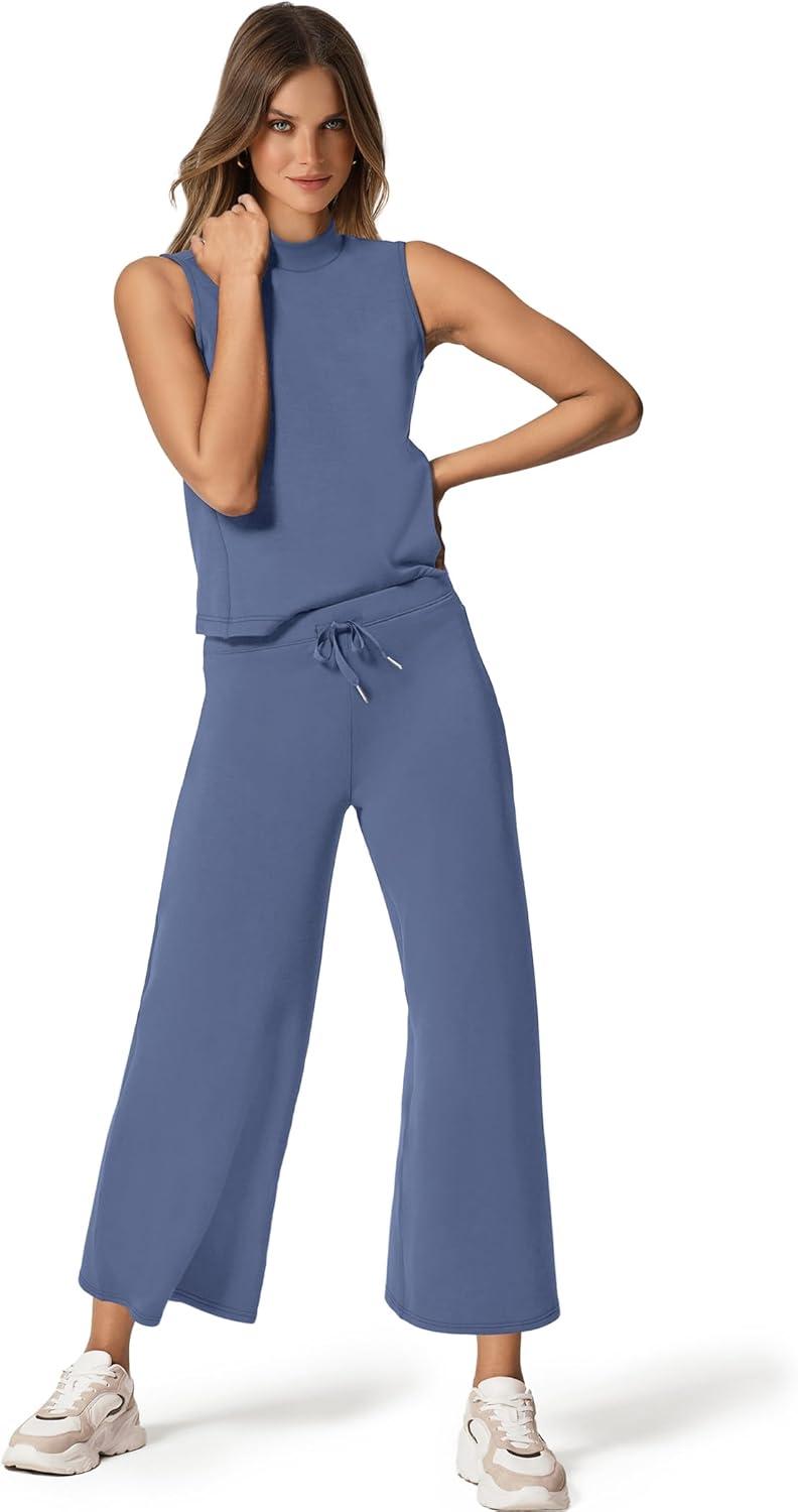 imageSAMPEEL Two Piece Sets for Women Summer Outfits Lounge Sets Mock Neck Tops Wide Leg Crop Pants Vacation Travel OutfitsBlue