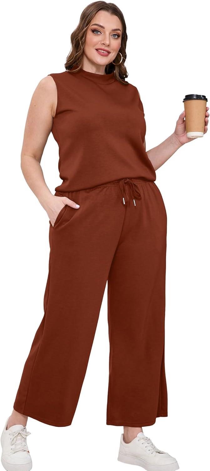 imageSAMPEEL Two Piece Sets for Women Summer Outfits Lounge Sets Mock Neck Tops Wide Leg Crop Pants Vacation Travel OutfitsCaramel