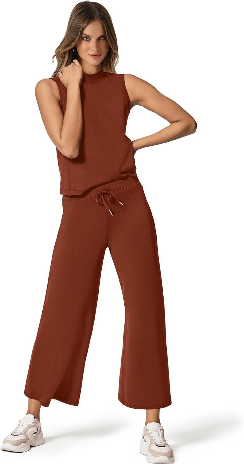 imageSAMPEEL Two Piece Sets for Women Summer Outfits Lounge Sets Mock Neck Tops Wide Leg Crop Pants Vacation Travel OutfitsCaramel