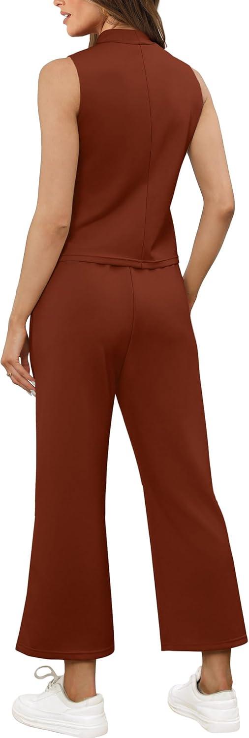 imageSAMPEEL Two Piece Sets for Women Summer Outfits Lounge Sets Mock Neck Tops Wide Leg Crop Pants Vacation Travel OutfitsCaramel