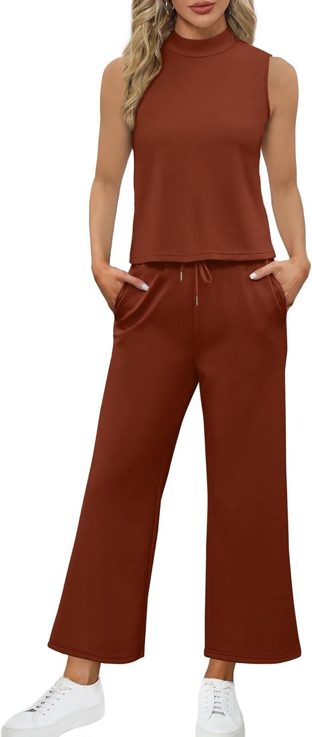 imageSAMPEEL Two Piece Sets for Women Summer Outfits Lounge Sets Mock Neck Tops Wide Leg Crop Pants Vacation Travel OutfitsCaramel