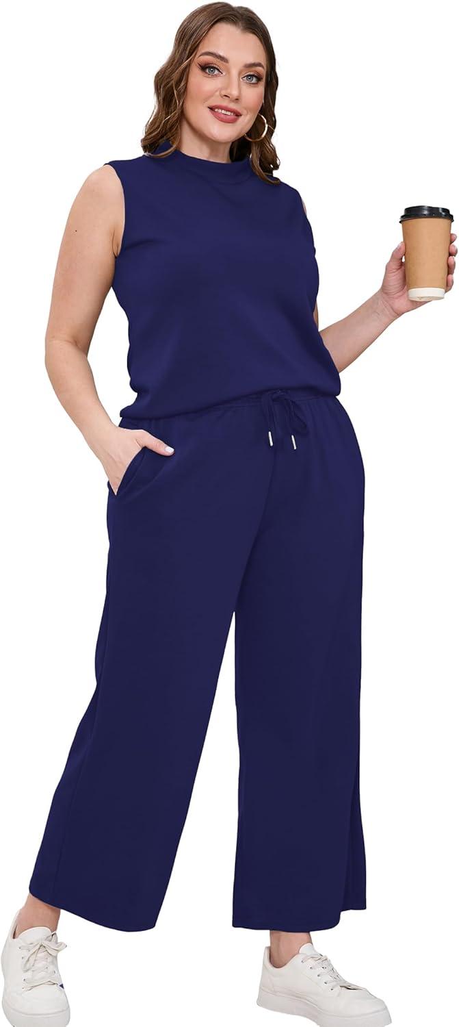imageSAMPEEL Two Piece Sets for Women Summer Outfits Lounge Sets Mock Neck Tops Wide Leg Crop Pants Vacation Travel OutfitsDark Blue