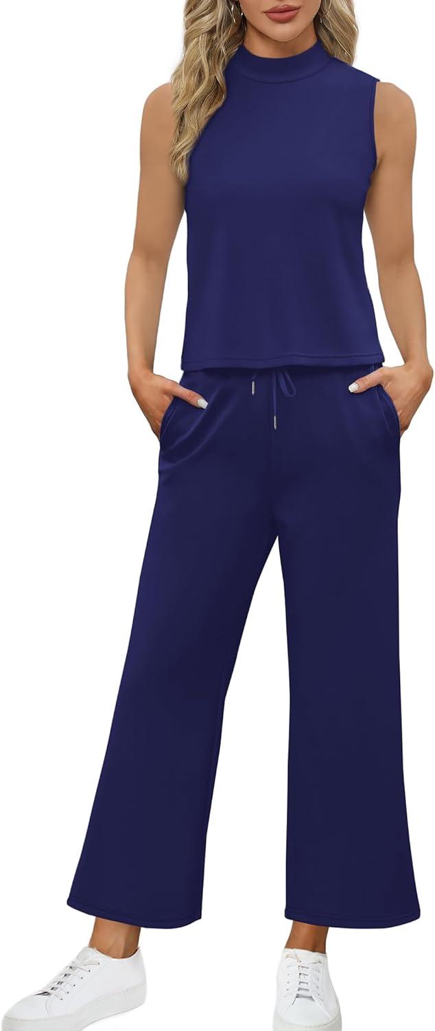 imageSAMPEEL Two Piece Sets for Women Summer Outfits Lounge Sets Mock Neck Tops Wide Leg Crop Pants Vacation Travel OutfitsDark Blue