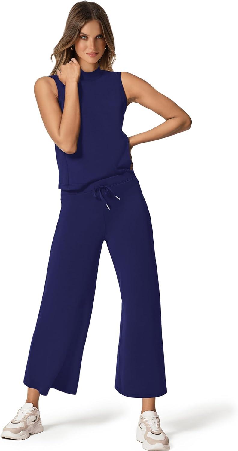 imageSAMPEEL Two Piece Sets for Women Summer Outfits Lounge Sets Mock Neck Tops Wide Leg Crop Pants Vacation Travel OutfitsDark Blue