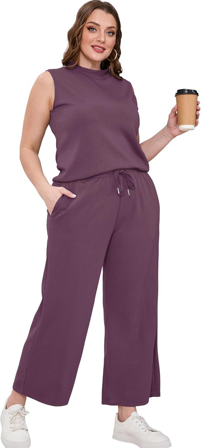 imageSAMPEEL Two Piece Sets for Women Summer Outfits Lounge Sets Mock Neck Tops Wide Leg Crop Pants Vacation Travel OutfitsGrape Purple