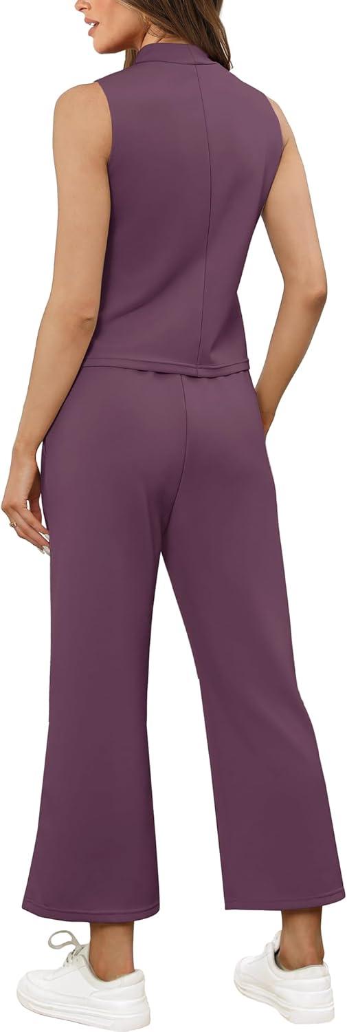imageSAMPEEL Two Piece Sets for Women Summer Outfits Lounge Sets Mock Neck Tops Wide Leg Crop Pants Vacation Travel OutfitsGrape Purple