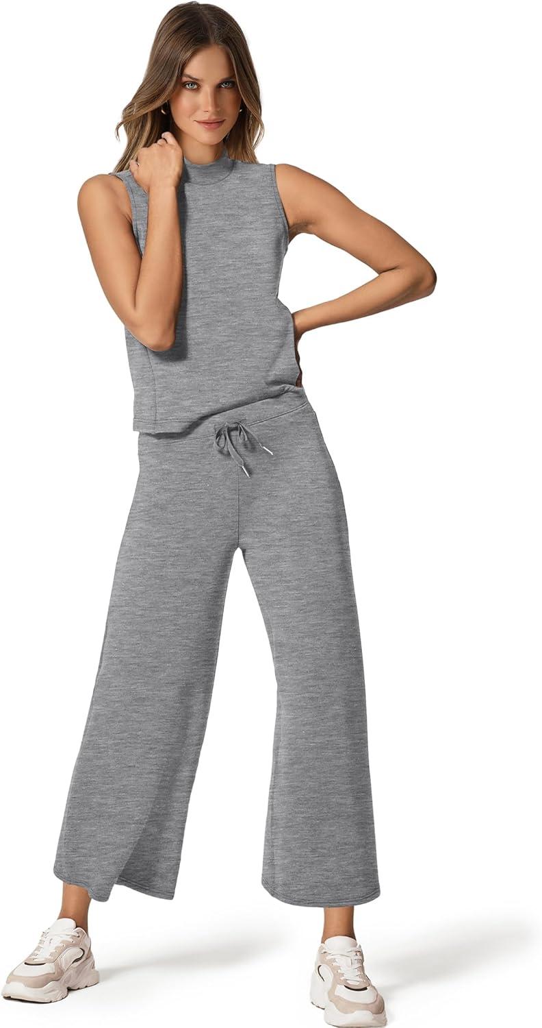 imageSAMPEEL Two Piece Sets for Women Summer Outfits Lounge Sets Mock Neck Tops Wide Leg Crop Pants Vacation Travel OutfitsGray