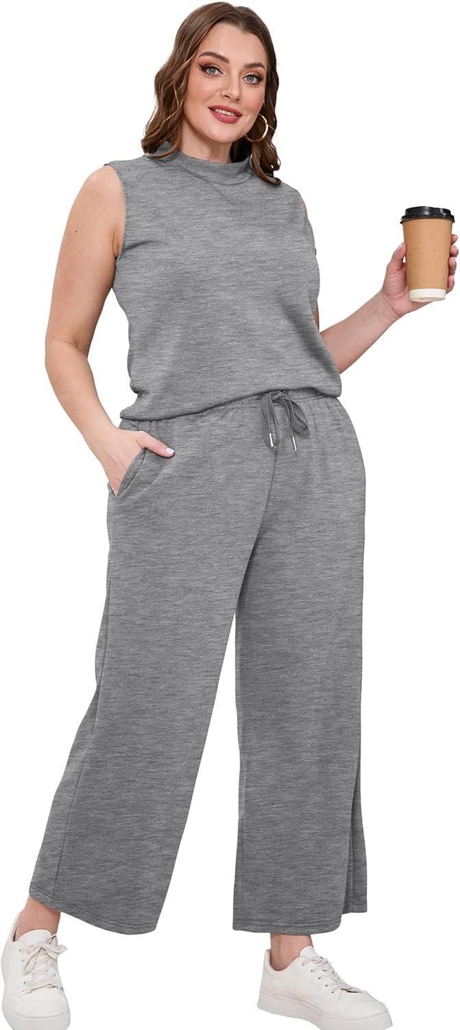 imageSAMPEEL Two Piece Sets for Women Summer Outfits Lounge Sets Mock Neck Tops Wide Leg Crop Pants Vacation Travel OutfitsGray