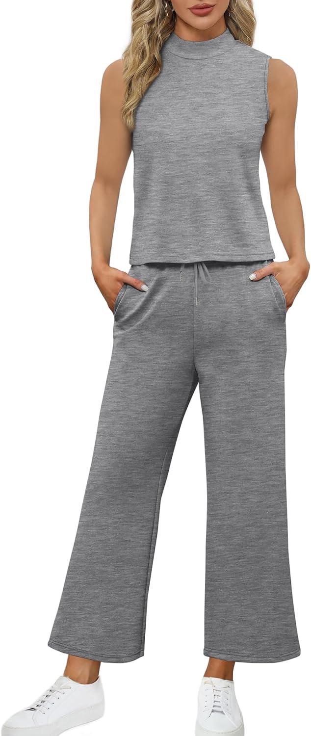 imageSAMPEEL Two Piece Sets for Women Summer Outfits Lounge Sets Mock Neck Tops Wide Leg Crop Pants Vacation Travel OutfitsGray
