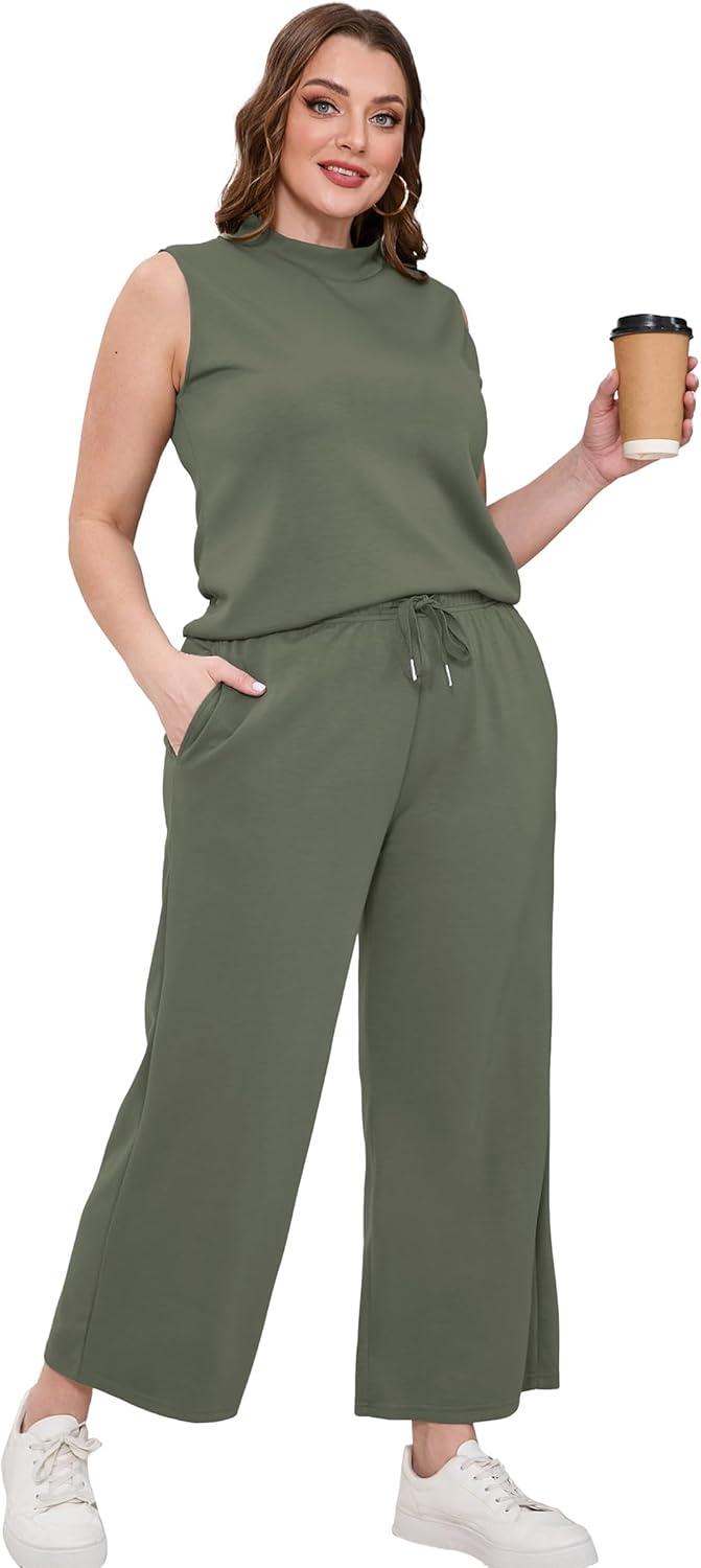 imageSAMPEEL Two Piece Sets for Women Summer Outfits Lounge Sets Mock Neck Tops Wide Leg Crop Pants Vacation Travel OutfitsGreen