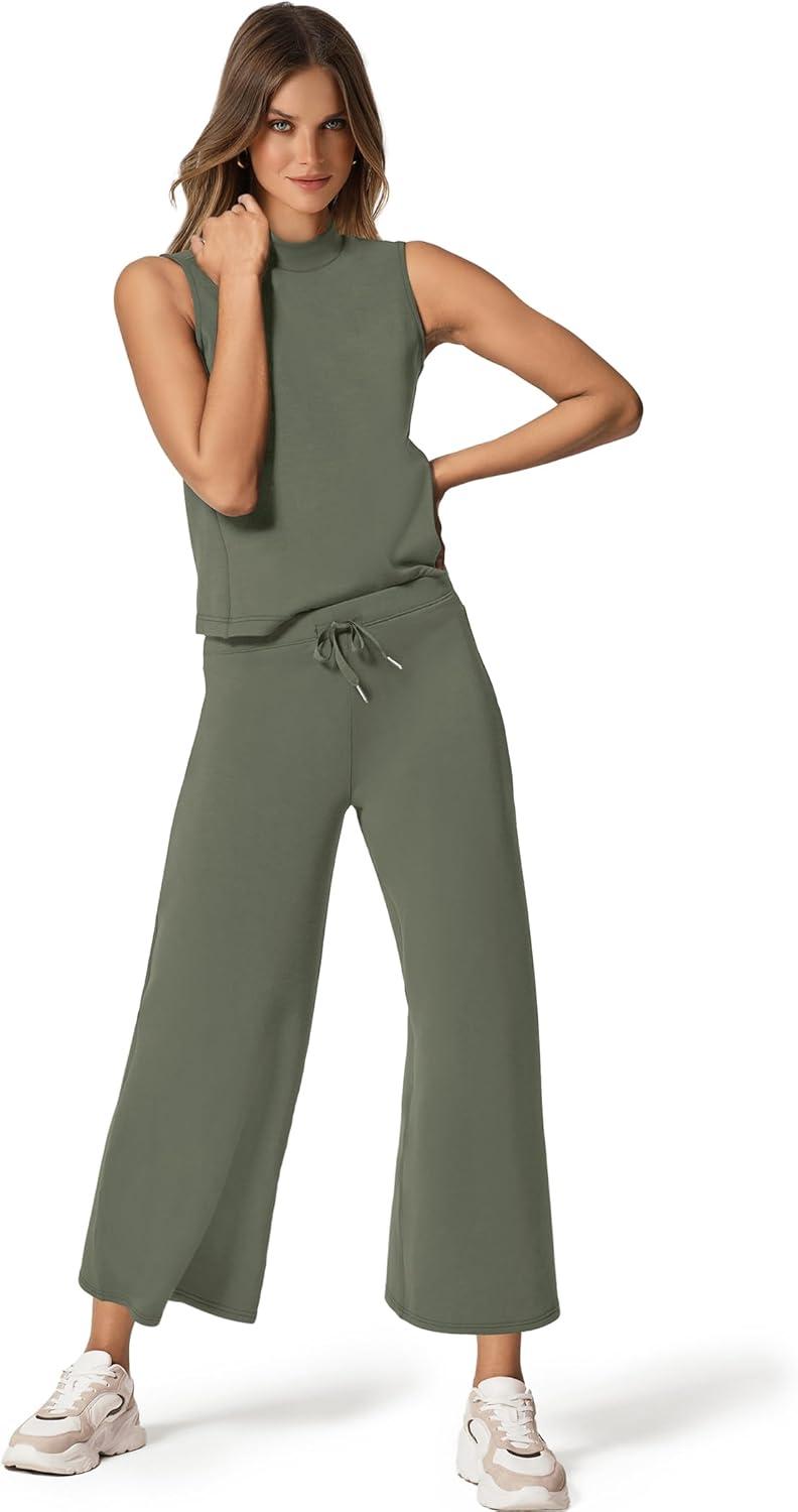 imageSAMPEEL Two Piece Sets for Women Summer Outfits Lounge Sets Mock Neck Tops Wide Leg Crop Pants Vacation Travel OutfitsGreen