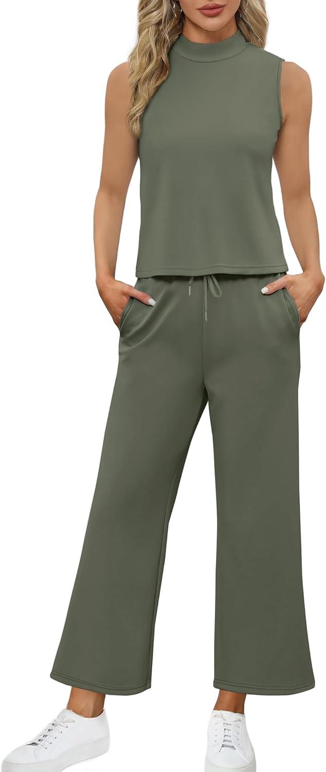 imageSAMPEEL Two Piece Sets for Women Summer Outfits Lounge Sets Mock Neck Tops Wide Leg Crop Pants Vacation Travel OutfitsGreen