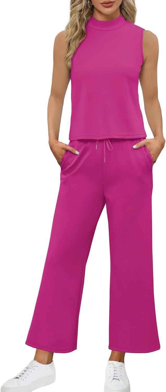 imageSAMPEEL Two Piece Sets for Women Summer Outfits Lounge Sets Mock Neck Tops Wide Leg Crop Pants Vacation Travel OutfitsHot Pink