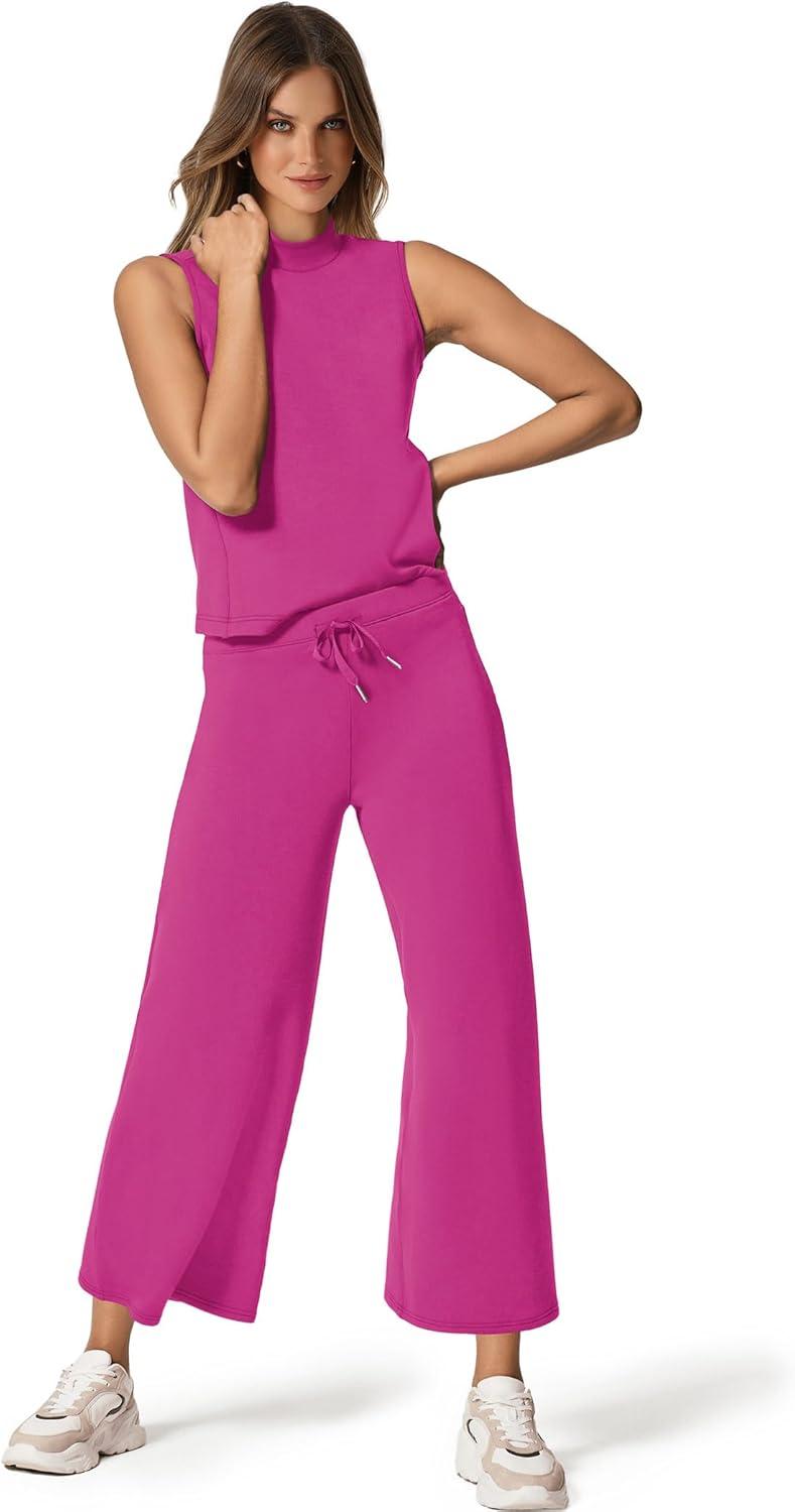 imageSAMPEEL Two Piece Sets for Women Summer Outfits Lounge Sets Mock Neck Tops Wide Leg Crop Pants Vacation Travel OutfitsHot Pink
