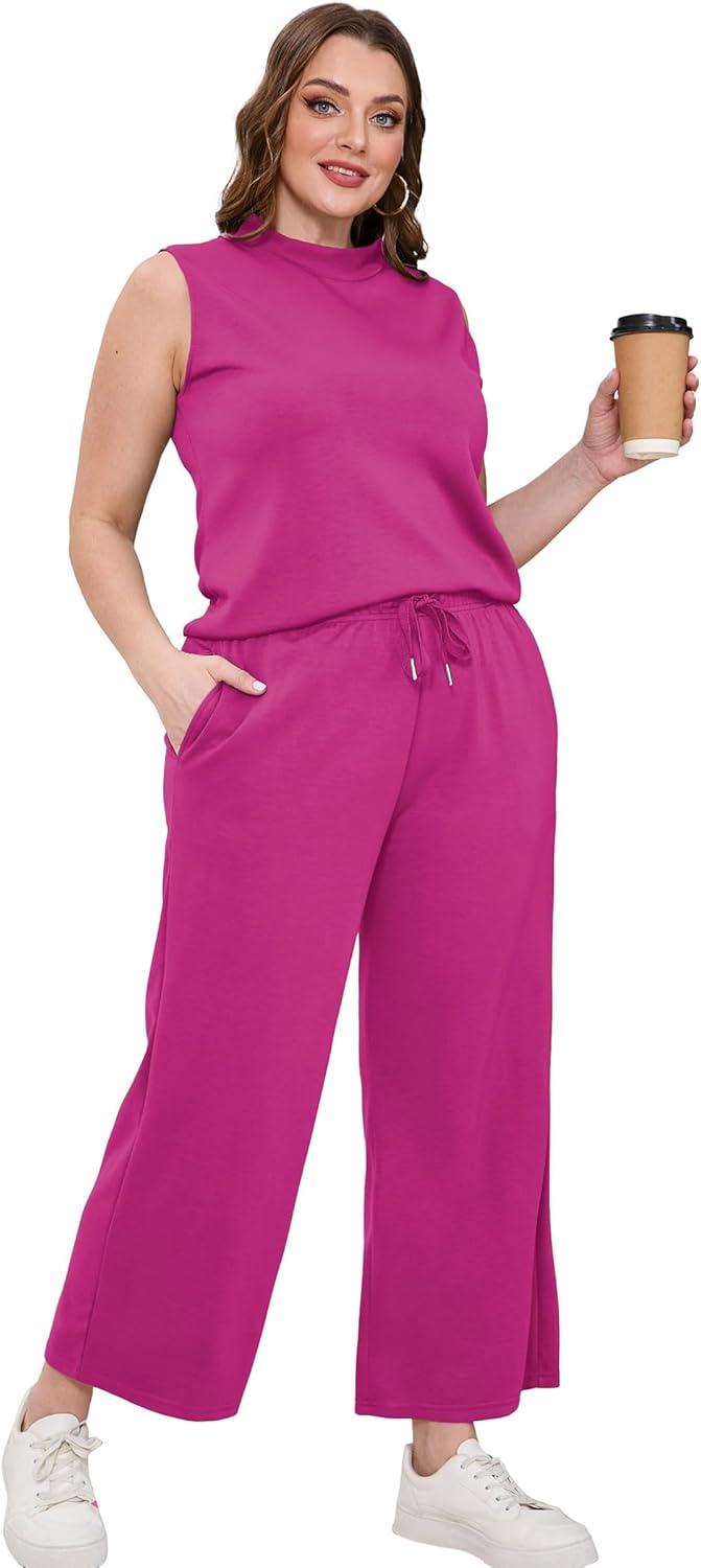imageSAMPEEL Two Piece Sets for Women Summer Outfits Lounge Sets Mock Neck Tops Wide Leg Crop Pants Vacation Travel OutfitsHot Pink