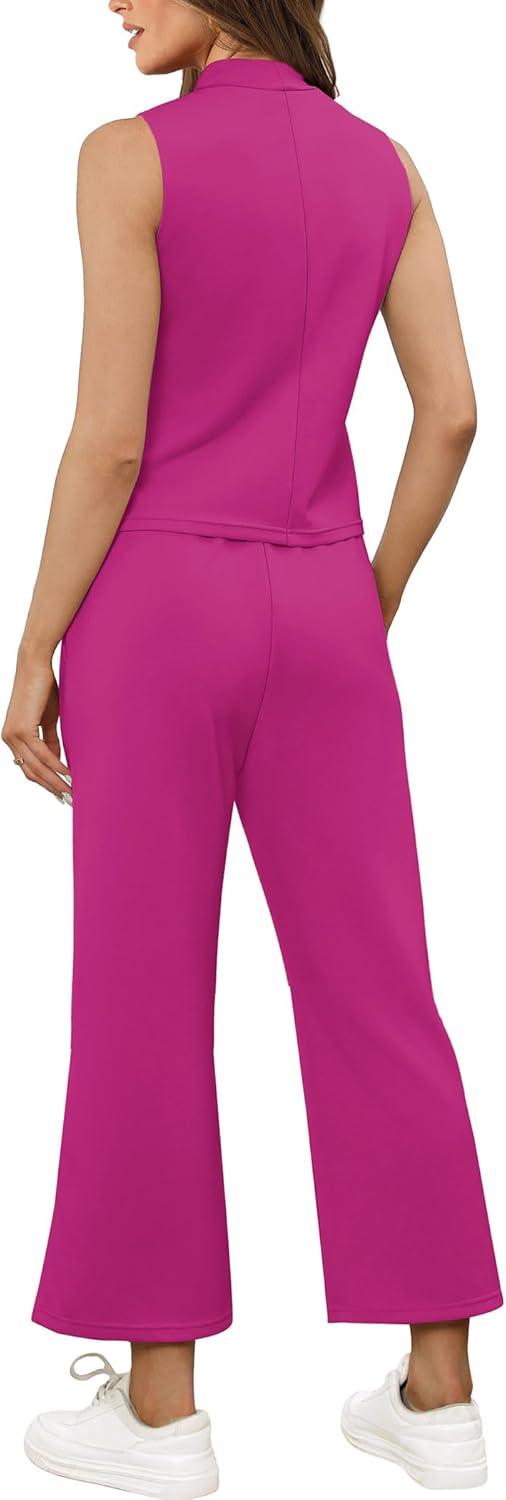 imageSAMPEEL Two Piece Sets for Women Summer Outfits Lounge Sets Mock Neck Tops Wide Leg Crop Pants Vacation Travel OutfitsHot Pink