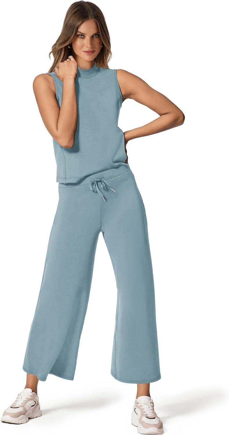imageSAMPEEL Two Piece Sets for Women Summer Outfits Lounge Sets Mock Neck Tops Wide Leg Crop Pants Vacation Travel OutfitsLake Blue
