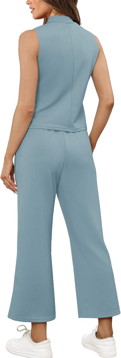 imageSAMPEEL Two Piece Sets for Women Summer Outfits Lounge Sets Mock Neck Tops Wide Leg Crop Pants Vacation Travel OutfitsLake Blue