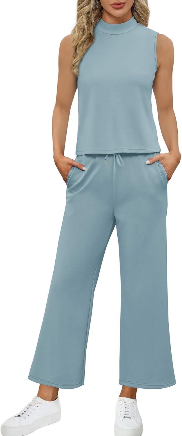imageSAMPEEL Two Piece Sets for Women Summer Outfits Lounge Sets Mock Neck Tops Wide Leg Crop Pants Vacation Travel OutfitsLake Blue
