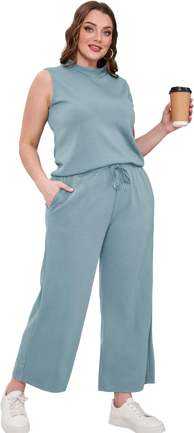 imageSAMPEEL Two Piece Sets for Women Summer Outfits Lounge Sets Mock Neck Tops Wide Leg Crop Pants Vacation Travel OutfitsLake Blue
