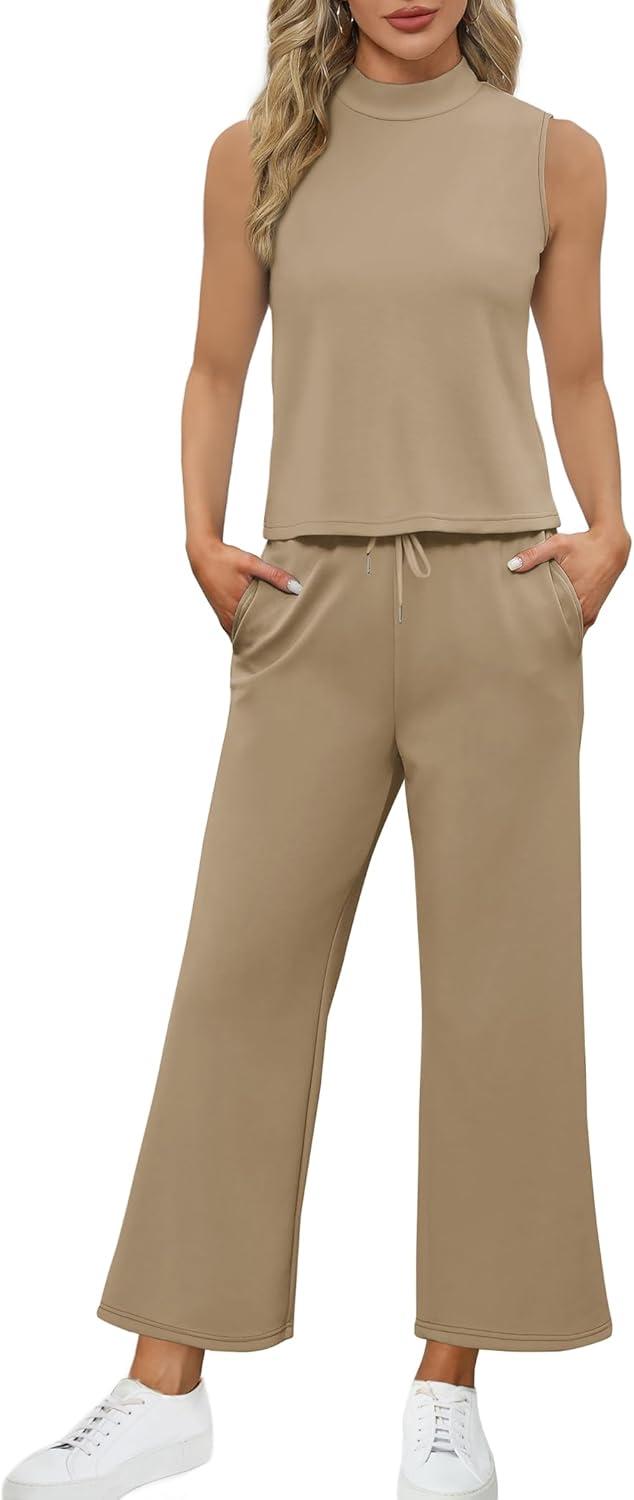 imageSAMPEEL Two Piece Sets for Women Summer Outfits Lounge Sets Mock Neck Tops Wide Leg Crop Pants Vacation Travel OutfitsLight Brown