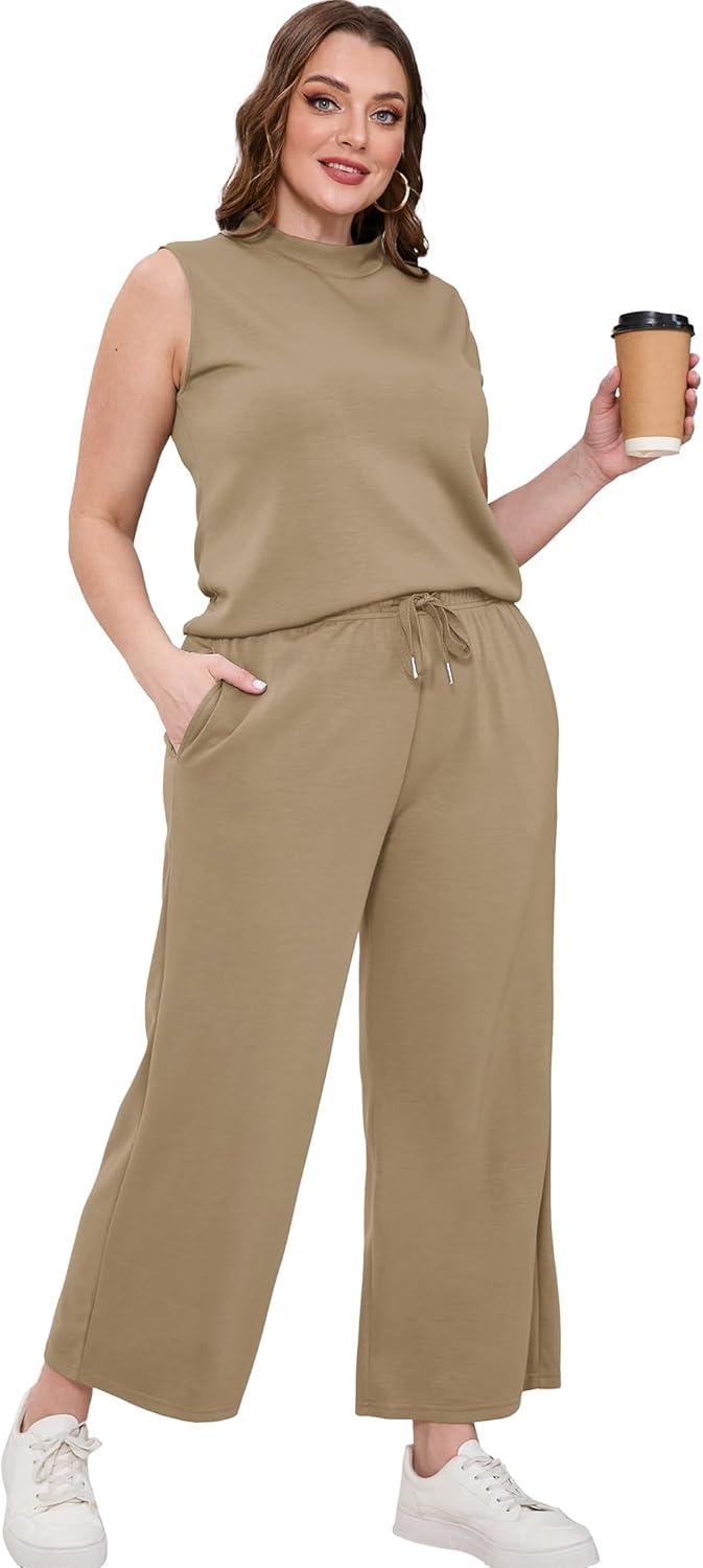 imageSAMPEEL Two Piece Sets for Women Summer Outfits Lounge Sets Mock Neck Tops Wide Leg Crop Pants Vacation Travel OutfitsLight Brown